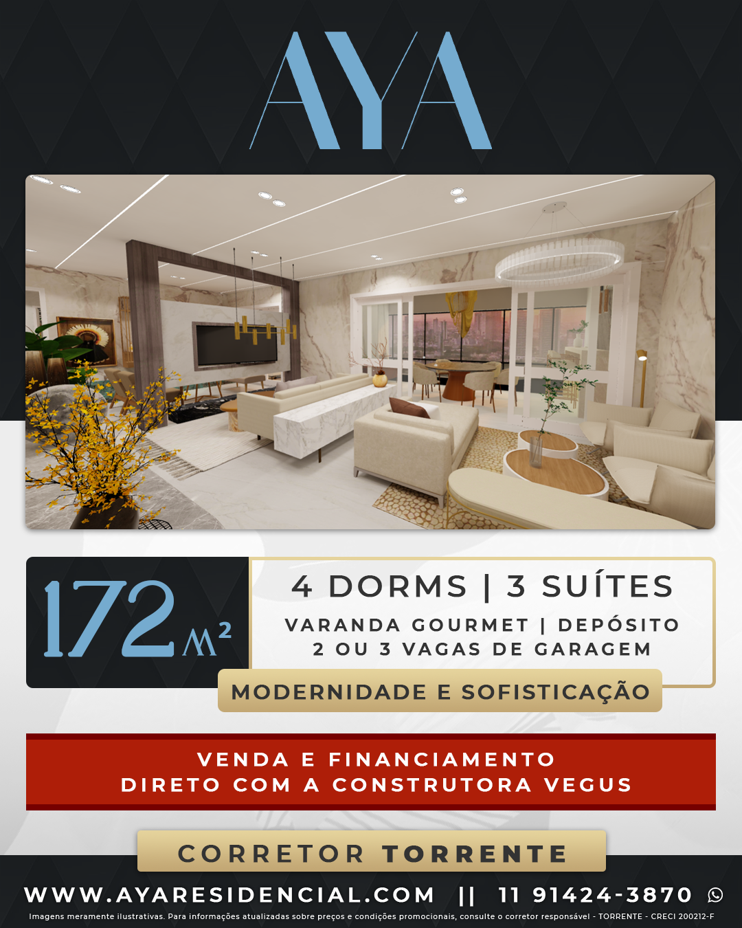 AYA Vila Augusta - Apartamentos de alto padrão de 172m² com 4 dormitórios, 3 suítes, depósito privativo, varanda gourmet e 2 ou 3 vagas de garagem. Com plantas inteligentes e amplas além da área de lazer completa envolvendo modernidade, sofisticação e elegância que faltavam em Guarulhos. Fase Avançada de Construção. Compre direto com a construtora com financiamento através do Plano Direto Vegus